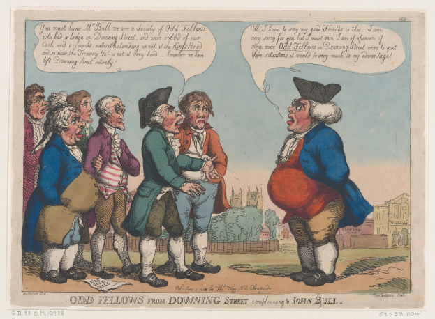 Cartoon-Illustration von Menschen vor einem Gebäude mit Bäumen und Himmel, beschriftet mit "odd fellows from downing street complaining to John Bull".