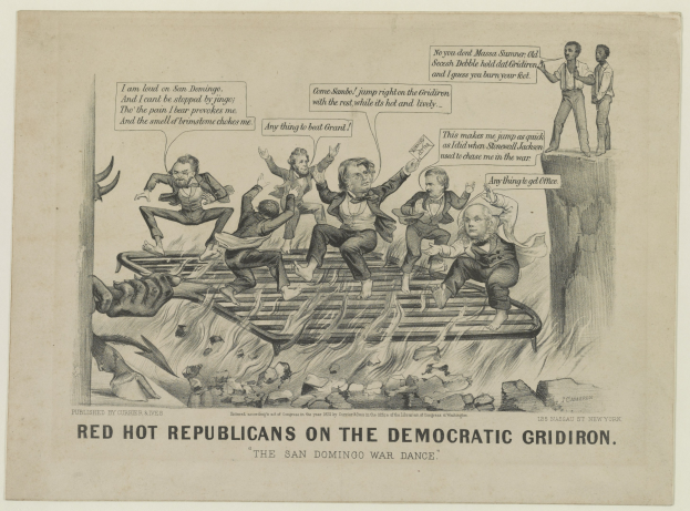 Politisches Karikaturbild, das rote Figuren in Not auf einem Gridiron zeigt, mit fettem Text, der eine ernste Situation betont.