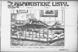 Schwarzer und weißer Zeichnung einer Person, die auf einem Bett liegt, mit einem Spiegel auf dem Nachttisch und einem Rahmen an der Wand, begleitet von Text, der "humoristicke list - czechoslovakia - april 20, 1920" an der Ober- und Unterseite liest.