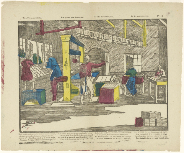 Eine handgezeichnete Fabrikszene, die Arbeiter bei der Bedienung von Maschinen, Tischen und Fenstern zeigt, mit Text am unteren Rand des Papiers.