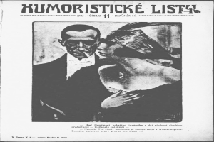 Schwarz-weißes Magazin-Cover mit der Überschrift 'Humoristische Liste', das einen Mann in einem Anzug mit ernster Miene und eine Frau mit einem leichten Grinsen zeigt, die wegsieht.