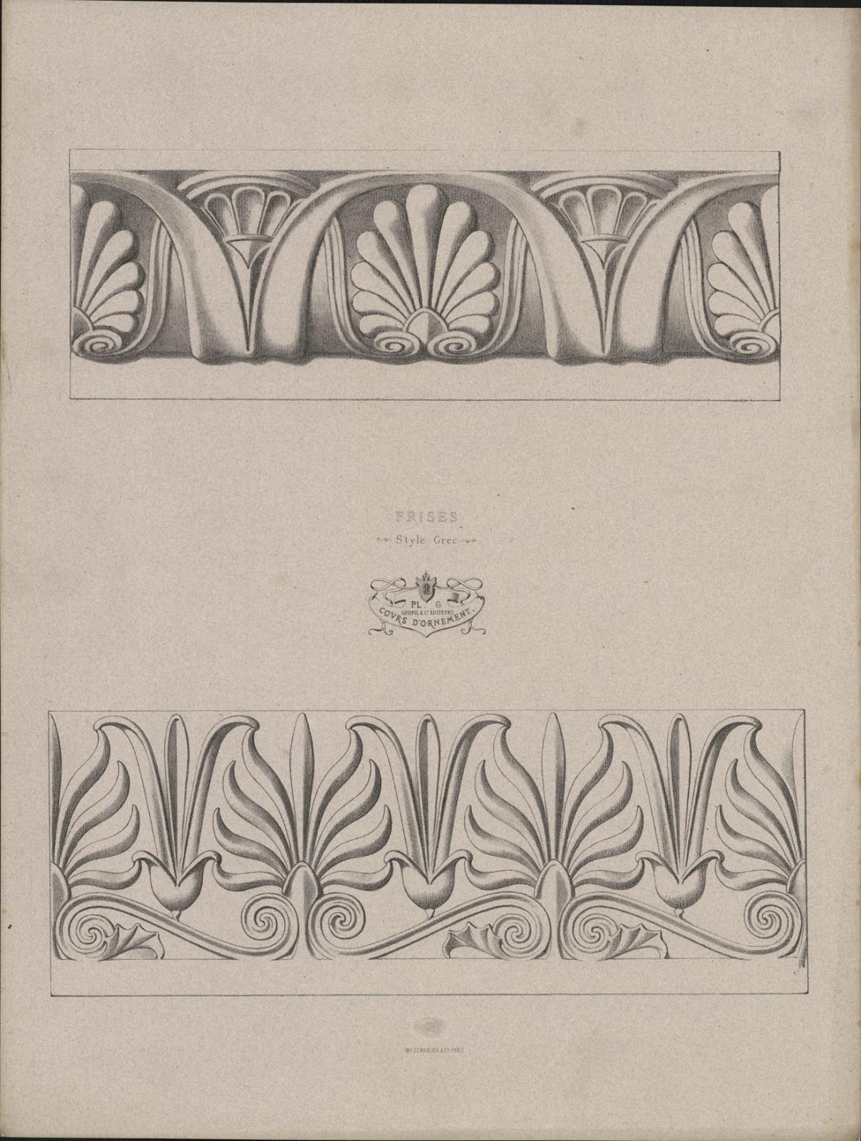 Ein Buch mit einem detaillierten 19. Jahrhundert-Architekturdesign im Art-Nouveau-Stil, mit detaillierten dekorativen Mustern und begleitendem Text.