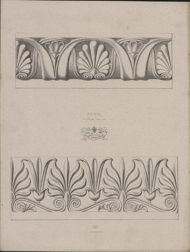 Ein Buch mit einem detaillierten 19. Jahrhundert-Architekturdesign im Art-Nouveau-Stil, mit detaillierten dekorativen Mustern und begleitendem Text.