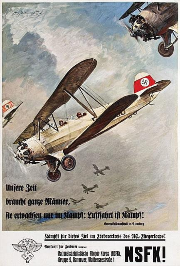 Deutsches Weltkriegs-Propagandaplakat mit einer Formation von Kampfflugzeugen im Flug mit Text über ihre Kriegsfähigkeiten.