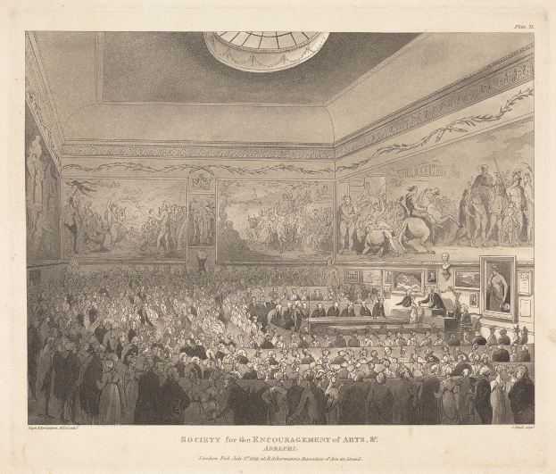 Gravierung eines großen Raums mit stehenden und sitzenden Menschen, Fotorahmen an den Wänden und einer Decke, mit Text unten, der "Gesellschaft zur Förderung der Künste" lautet.