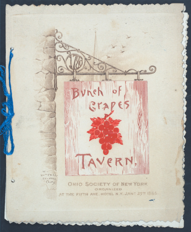 Altes Buch mit "Traube von Wein Tavern"-Text auf dem Cover, mit blauer Schnur gebunden und mit einer Traube gekrönt.