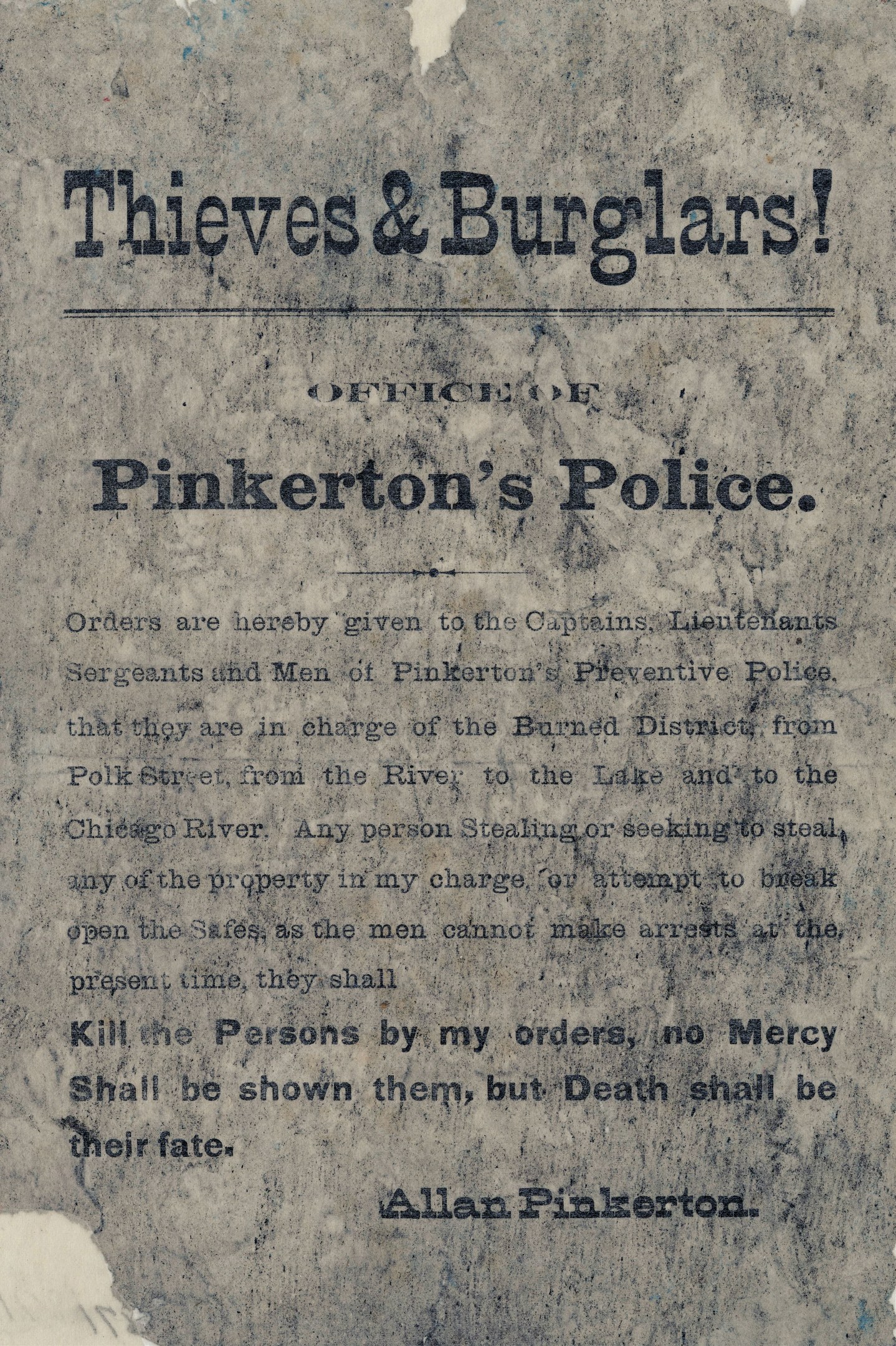 Plakat mit fetter schwarzer Schrift "Diebe & Einbrecher Pinkertons Polizei" mittig auf einem weißen Hintergrund eingerahmt von einem dünnen schwarzen Rand.