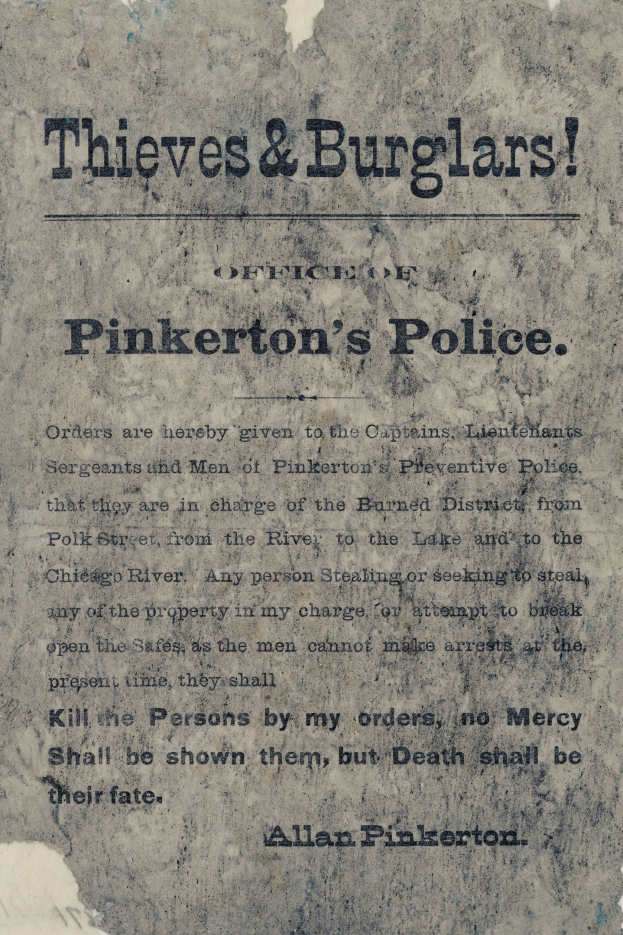 Plakat mit fetter schwarzer Schrift "Diebe & Einbrecher Pinkertons Polizei" mittig auf einem weißen Hintergrund eingerahmt von einem dünnen schwarzen Rand.