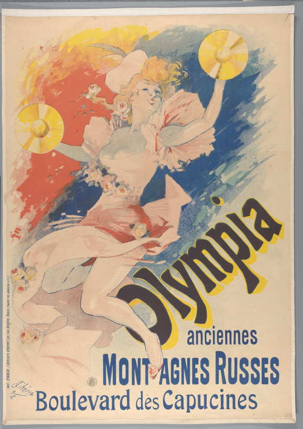 Ein Plakat, das die Olympischen Spiele in Mont-Agnes-Russes, Frankreich, ankündigt, zeigt eine Frau mit einem menschlichen Gesicht, die ein buntes Kleid trägt und einen Fächer hält, mit Text, der das Ereignis beschreibt.