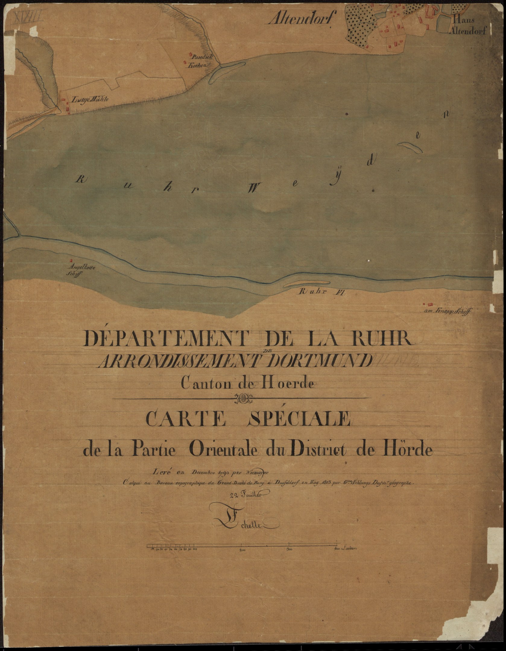 Ein detaillierter alter Stadtplan von Ruhr, Deutschland, der Straßen, Gebäude und Sehenswürdigkeiten mit Text zeigt, der Bevölkerung, Lage und historische Informationen bereitstellt.
