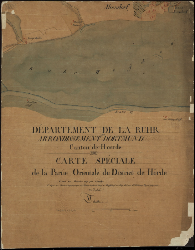 Ein detaillierter alter Stadtplan von Ruhr, Deutschland, der Straßen, Gebäude und Sehenswürdigkeiten mit Text zeigt, der Bevölkerung, Lage und historische Informationen bereitstellt.