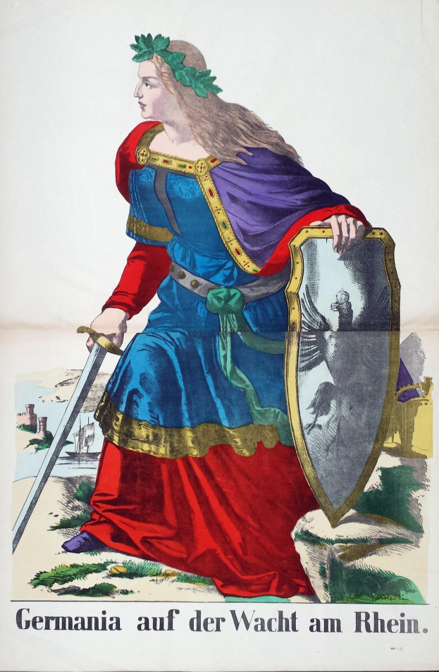 Deutsche allegorische Figur in einem blauen und roten Kleid, die ein Schwert und einen Schild hält, mit dem Text "Deutschland auf der Wacht am Rhein" unten.