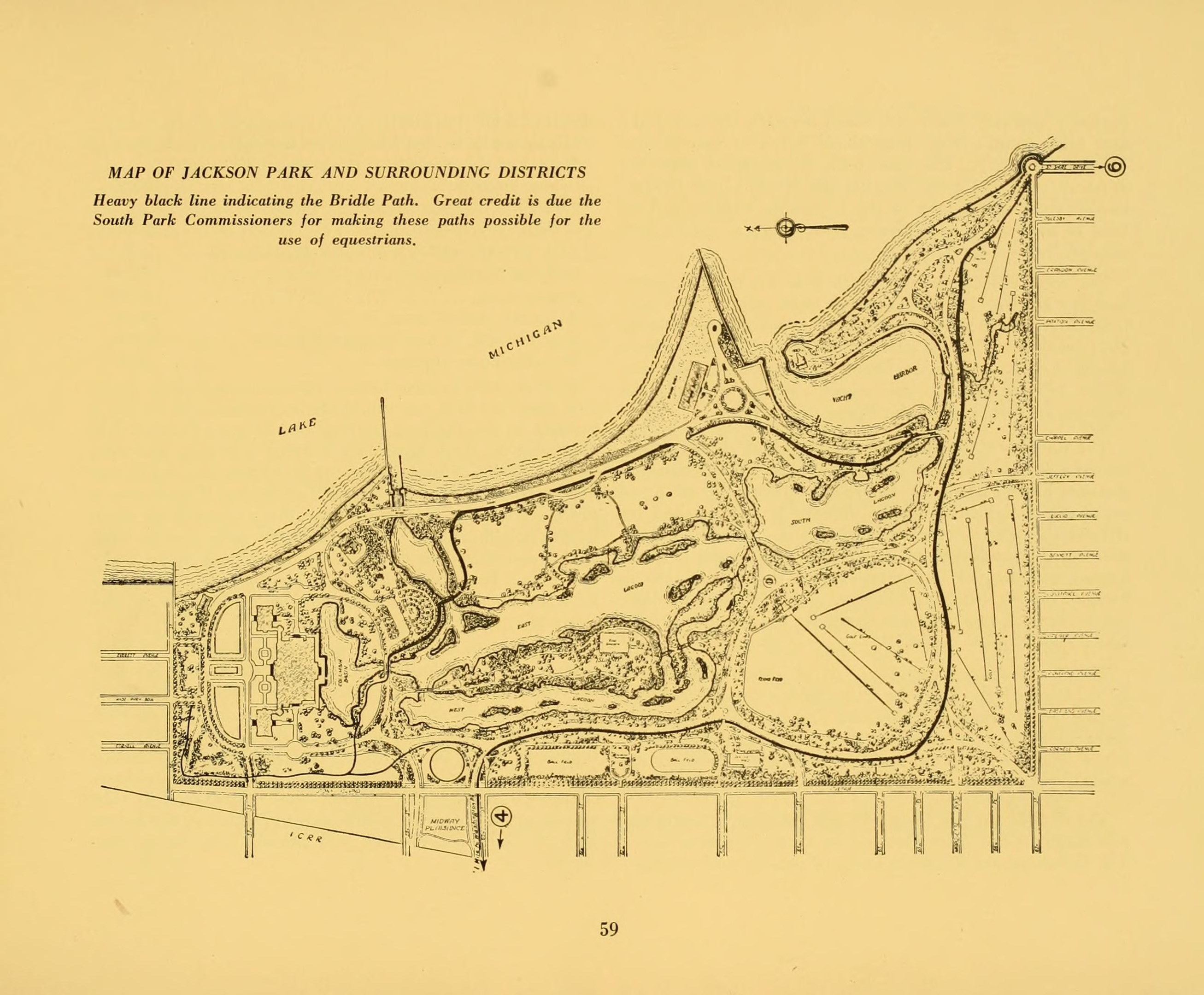 Ausführliche alte Karte von Jackson Park und umliegenden Bezirken, die Stra├čen, Parks und andere Merkmale zeigt.