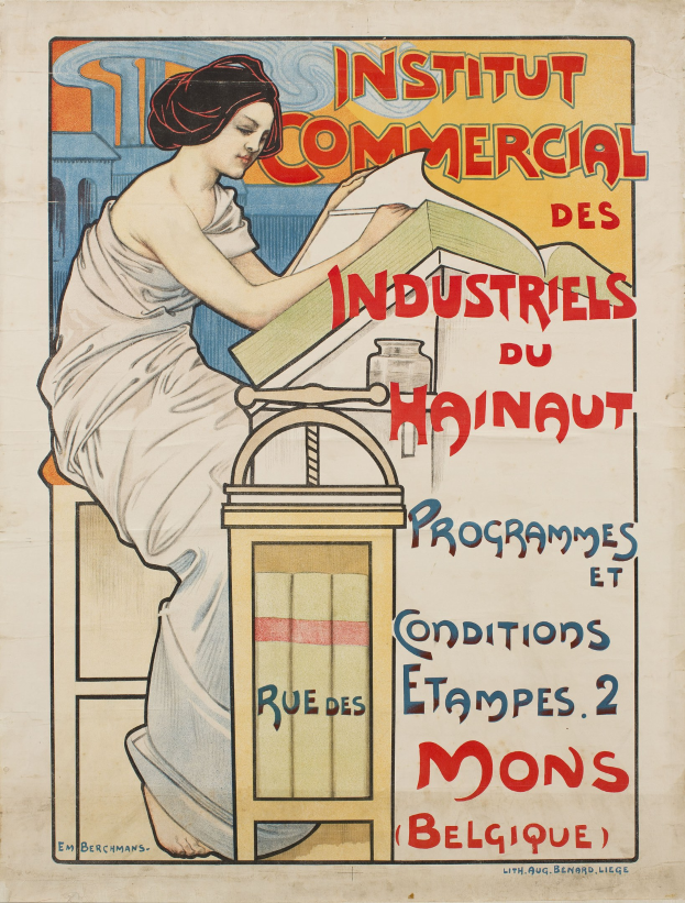 Plakat für das Institut Commercial des Industriels du Hainaut, das eine Frau zeigt, die an einem Tisch sitzend ein Buch hält, mit Text, der Institutsdetails bereitstellt.