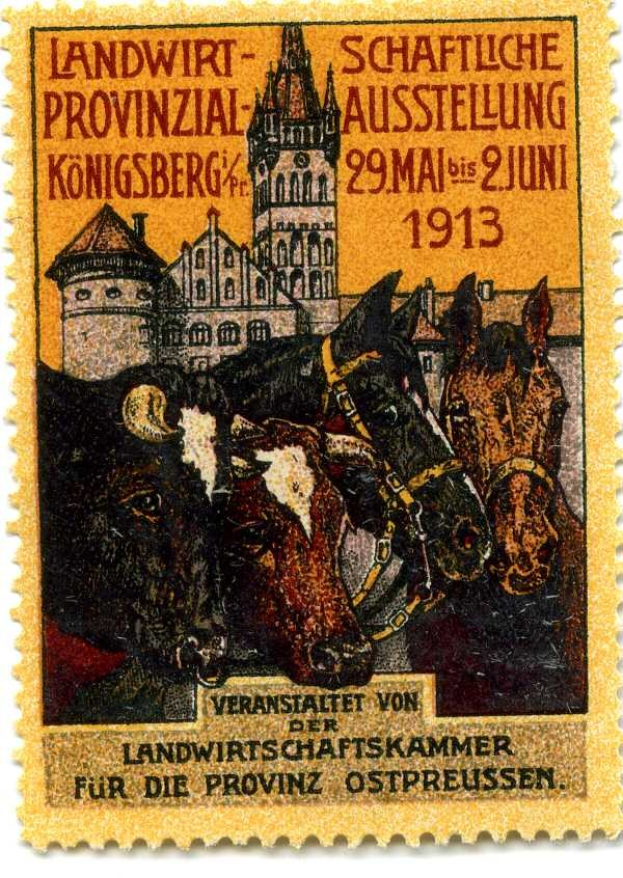 Deutscher Briefstempel aus etwa 1913 mit drei Kühen und einer Burg, mit der Aufschrift "Landwirtschaftskammer".