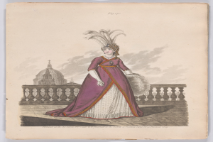 Frau in einem purpurfarbenen und weißen Kleid mit einer gefiederten Kopfbedeckung, die an einem Geländer steht, mit einem Gebäude und Wolken im Hintergrund, beschriftet mit "Fashion of New York, New York Street, 1790."