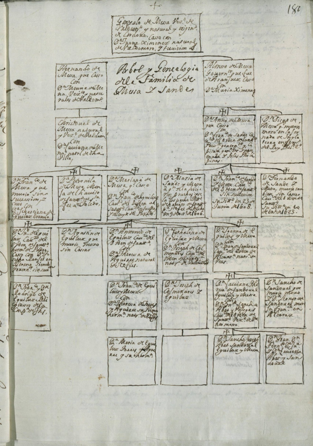 Offenes Buch mit einer handgezeichneten Familiengeschichte neben dichtem Text und numerischen Einträgen.