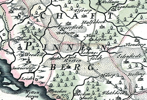 Detailiertes altes Stadtplan von Painen, Deutschland, zeigt Straßen, Gebäude und Sehenswürdigkeiten mit begleitendem Text über Bevölkerung, Straßen und bemerkenswerte Merkmale.