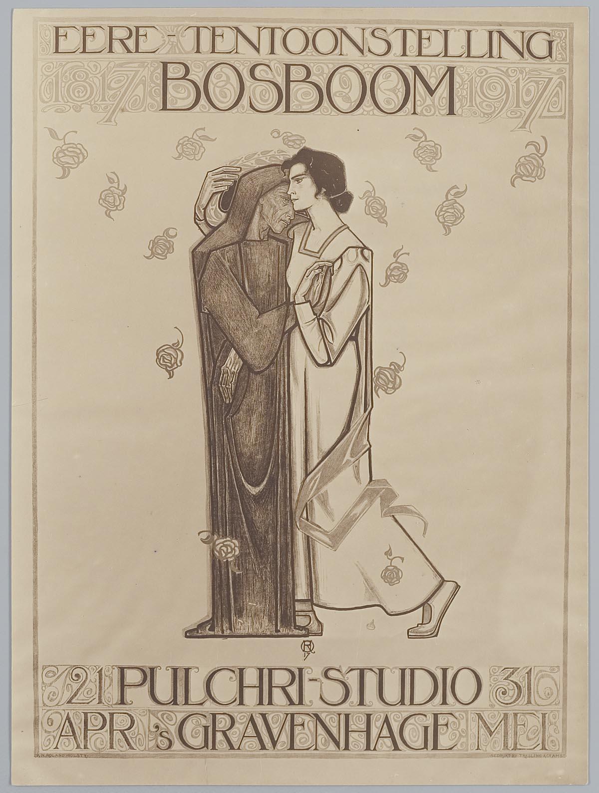 Ein Konzertplakat mit einem Mann in einem Anzug und einer Frau in einer Schürze, die nebeneinander stehen und ernst schauen, vor einem Hintergrund mit Text.