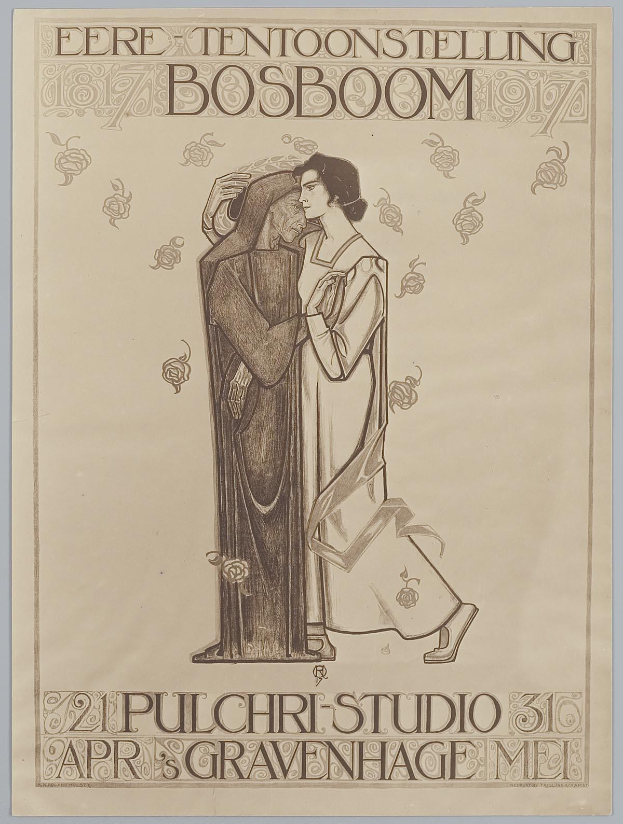 Ein Konzertplakat mit einem Mann in einem Anzug und einer Frau in einer Schürze, die nebeneinander stehen und ernst schauen, vor einem Hintergrund mit Text.