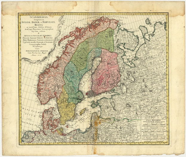 Alte Landkarte von Skandinavien mit Provinzen von Schweden und Norwegen auf altem Papier mit handgeschriebener Text.