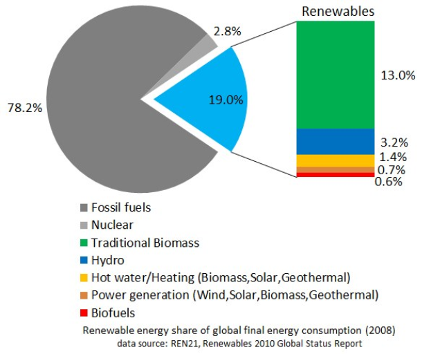 Tortendiagramm, das den globalen Verbrauch erneuerbarer Energien im Jahr 2008 zeigt, mit Abschnitten für fossile Brennstoffe, Kernenergie, Wasser, Heizung, Biomasse, Solar, Geothermie und Biokraftstoffe.
