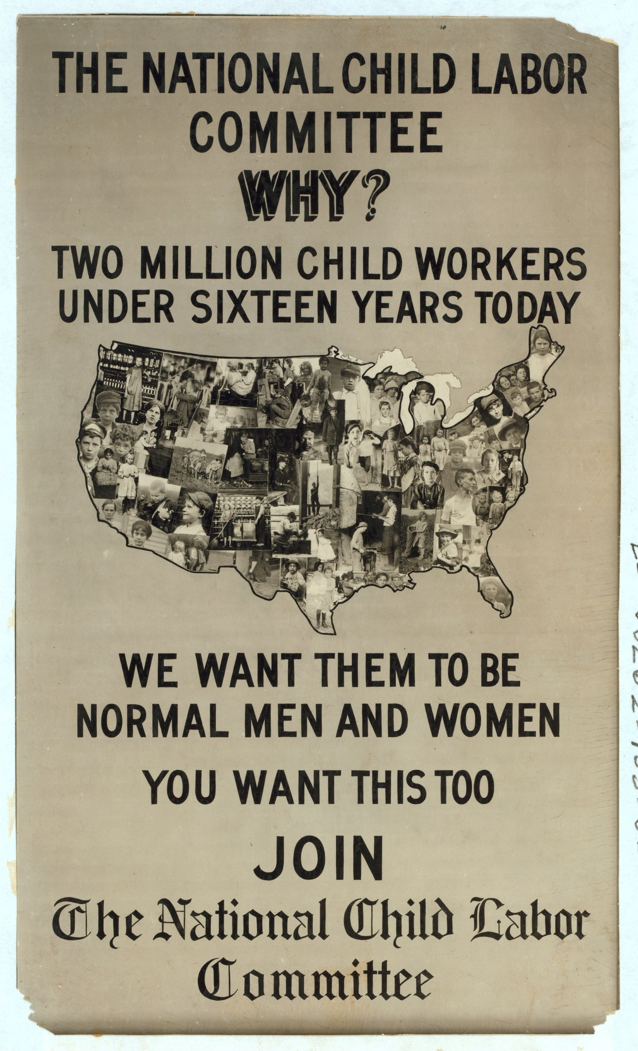 Plakat mit der Aufschrift "Nationaler Ausschuss für Kinderarbeit: Warum? Zwei Millionen Kinderarbeiter unter sechzehn Jahren heute" mit einer USA-Karte und menschlichen Figuren, die Ausschussmitglieder darstellen.