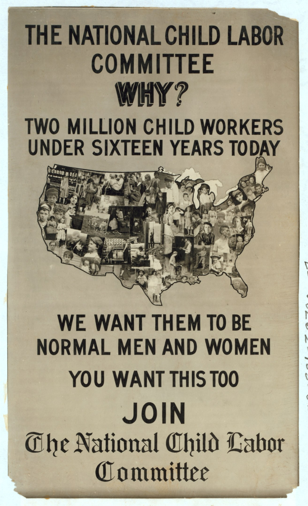 Plakat mit der Aufschrift "Nationaler Ausschuss für Kinderarbeit: Warum? Zwei Millionen Kinderarbeiter unter sechzehn Jahren heute" mit einer USA-Karte und menschlichen Figuren, die Ausschussmitglieder darstellen.