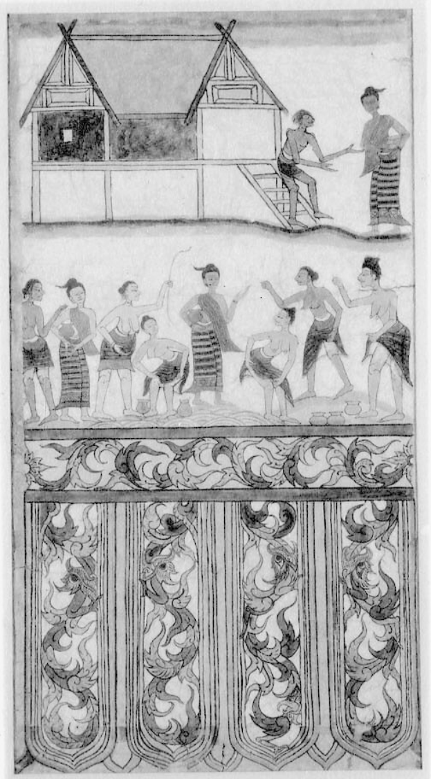 Schwarze und weiße thailändische Malerei zeigt Menschen in traditioneller Kleidung bei Tänzen und Musikinstrumentenspiel mit einem geschmückten Haus im Hintergrund.