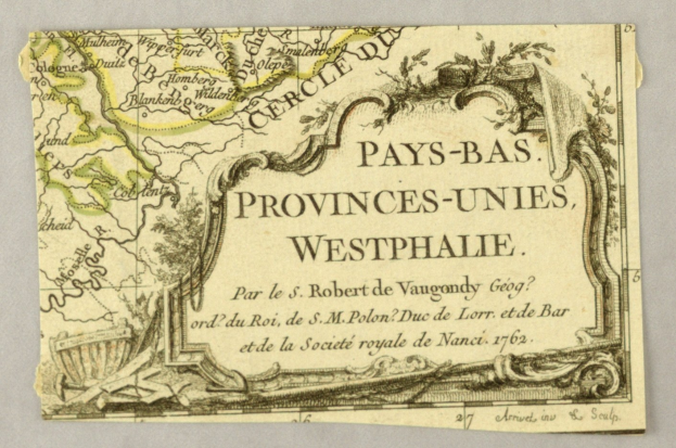 Alte Karte von Westfalen mit geografischen Merkmalen und begleitendem Text auf altem Papier.