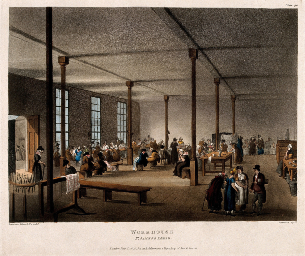 Gemälde eines großen Raums in der St. James's Parish Workhouse, London, mit Menschen auf Bänken und Stehenden, Tischen mit Gegenständen, Säulen, Fenstern, einer Tür und einem Dach.
