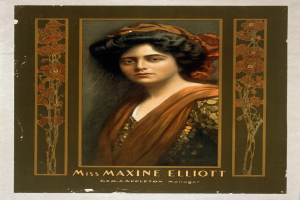 Portrait von Miss Maxine Elliott in einem weißen Kleid mit einem gemusterten Schultertuch, ihre Haare zu einem Knoten gebunden, direkt in die Kamera lächelnd, mit Text 'Miss Maxine Elliot' unten.