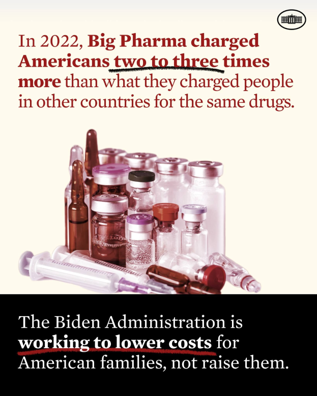 Ein Plakat mit dem Text, dass Big Pharma 2022 Amerikanern zwei bis drei Mal so viel für Medikamente berechnet hat wie in anderen Ländern, mit ein paar Flaschen und einer Spritze dargestellt.