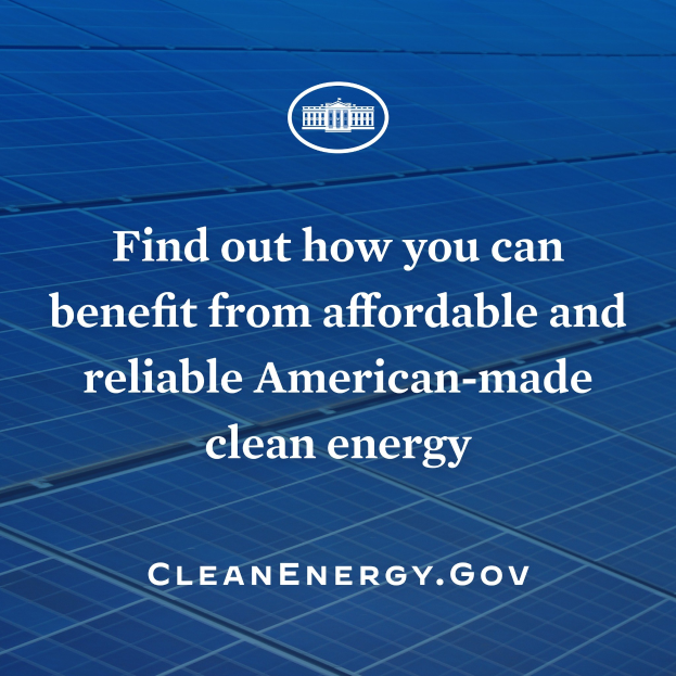 Plakat mit einem blauen Kreis-Logo, das einen weißen Stern enthält und weißen Text mit der Aufschrift "Finden Sie heraus, wie Sie von erschwinglicher und zuverlässiger amerikanischer Made Clean Energy profitieren können", vor einem hellblauen Hintergrund.