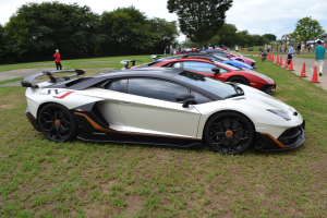 Roter Lamborghini Aventador LP700-4 Superveloce beim Goodwood Festival of Speed umgeben von Zuschauern, Verkehrskegeln, Graslandschaft und Bäumen unter einem bewölkten Himmel.
