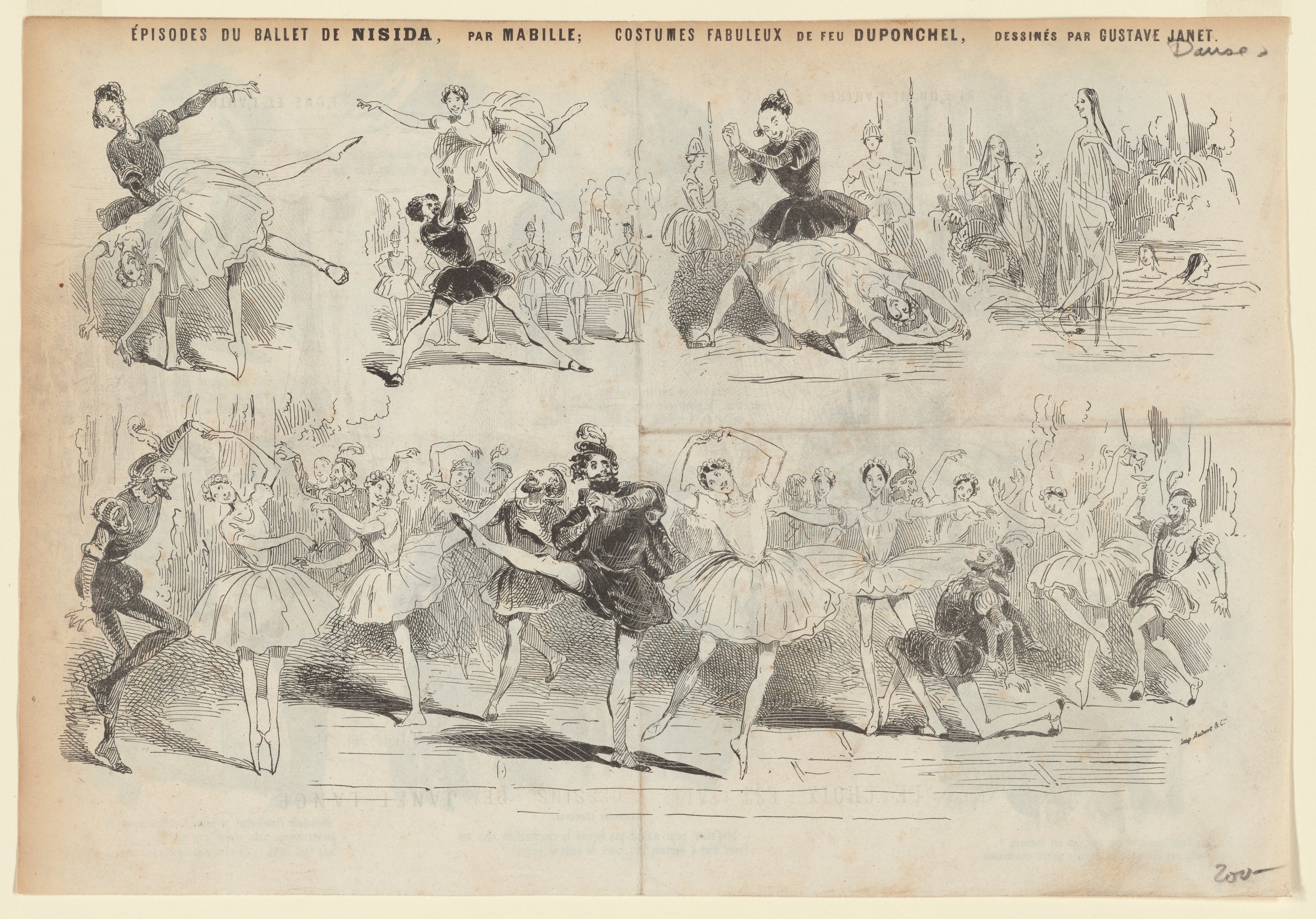 Eine Seite aus einem Buch mit einer lebendigen Zeichnung einer Gruppe von Menschen, die im Einklang tanzen, begleitet von Text, der das Datum, die Uhrzeit und den Ort des Ereignisses beschreibt.