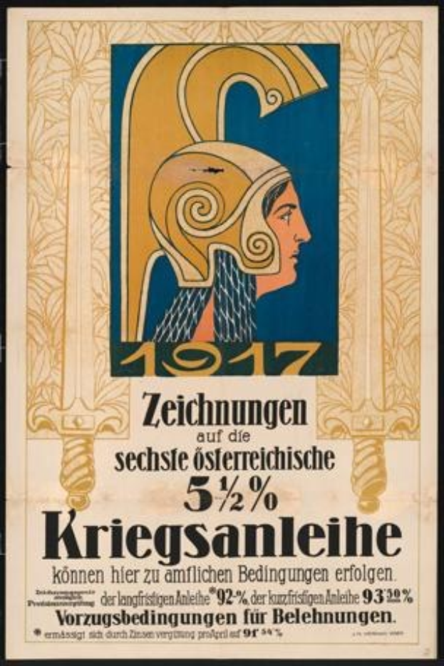 Plakat für ein 1917er Berlin-Konzert mit einer Frau in einem Helm, die ein Schwert hält und Text.