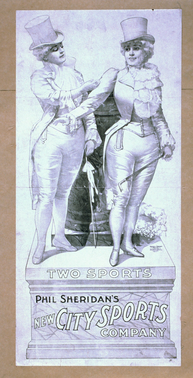 Plakat für Phils neue Stadt-Sportfirma mit zwei Personen nebeneinanderstehend und Text, der die Firma und ihre Dienstleistungen beschreibt.