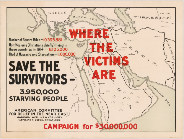 Plakat mit einer Weltkarte betitelt "Wo die Opfer sind: Retten Sie die Überlebenden - 3.950.000 hungernde Menschen", das die Auswirkungen des Krieges hervorhebt und zum Handeln aufruft.