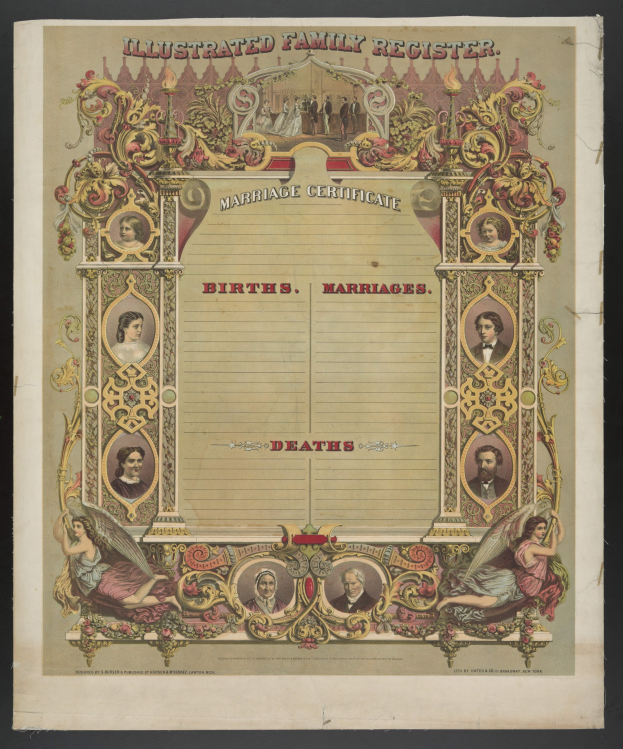 Veranschaulichtes Familienstammbuch-Hochzeitsurkunde mit schwarzem Hintergrund, verziert mit Bildern von Menschen und Text, der "Geburten, Hochzeiten, Tode" liest.