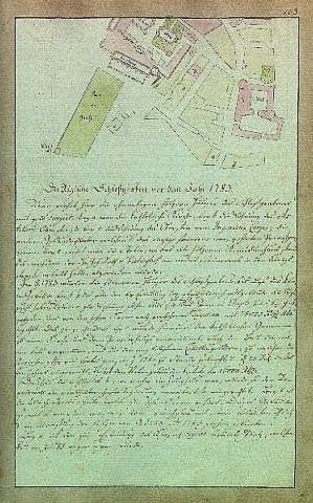 Ein detaillierter Stadtplan von 1782, umgeben von deutschem Text, der Straßen, Gebäude und Sehenswürdigkeiten auf altem Papier zeigt.