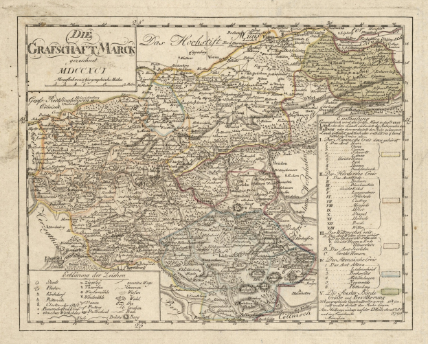 Ein altes, detailliertes Stadtplan von München, Deutschland, mit Straßen, Parks und Sehenswürdigkeiten, in Blau, Grün und Gelb gehalten und mit einem dekorativen Rahmen.