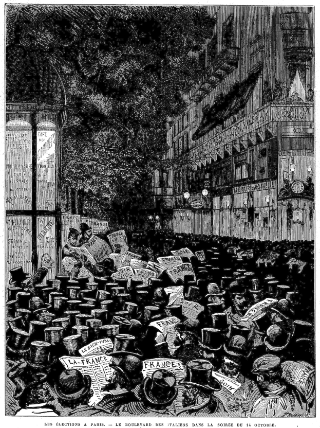 Schwarz-weiß-Illustration einer Menschenmenge auf einer Pariser Straße am Abend des 16. Oktober 1885 mit einem Gebäude auf der rechten Seite und einem Baum im Hintergrund.