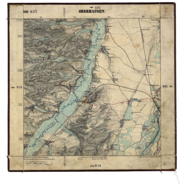 Alte topografische Karte von Oberhausen, Deutschland, die geographische Merkmale wie Berge, Flüsse und St├Ądte auf einem wei├čen Hintergrund zeigt.