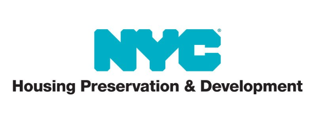 Weißer Hintergrund mit zentrierter fetter schwarzer Schrift "NYC Housing Preservation & Development" in einer modernen Schriftart, umrandet von einem dünnen schwarzen Rand.