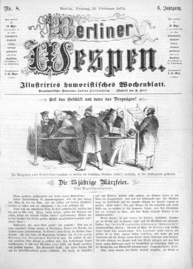 Alte deutsche Zeitung 'Berliner Wespen' vom 21. Februar 1873 mit einer Gruppe von Menschen in traditioneller deutscher Tracht auf dem Titelbild.