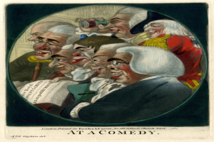 Gruppe von Menschen in einem Kreis lachend, einer hält ein Blatt Papier, mit "Bei einer Comedy" Text unten.