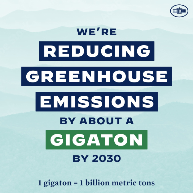 Plakat mit Text und Logo, auf dem "Wir reduzieren die Treibhausgasemissionen um etwa eine Gigatonne bis 2030" steht, das für eine signifikante Reduzierung der Treibhausgasemissionen bis 2030 wirbt.