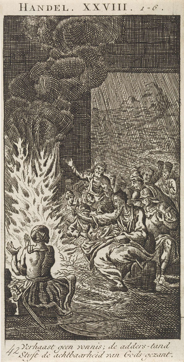 Schwarze und weiße Gravur einer Gruppe von Menschen, die sich um ein Feuer versammelt haben, einige schauen ängstlich nach oben und andere ehrfürchtig nach unten, mit Text oben und unten auf dem Papier.